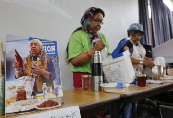 The soapberry contest was dedicated to Helen Watkins, a longtime soapberry contest contestant who "walked into the forest" earlier this year. Competitors this year included Charlene Baker and Fran Neumann. (Photo by Emily Kwong/KCAW)