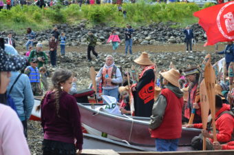 Lt. Gov. Byron Mallott joined the canoe from Yakutat for the final stretch to Douglas. (Photo by Emily Kwong/KCAW)