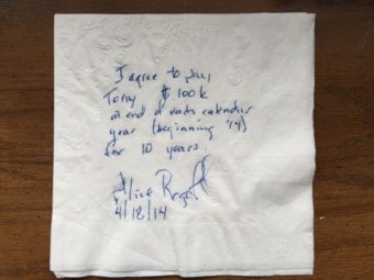 A photo of the napkin signed by Rogoff, which Hopfinger says actually came from a coffee table in a legal office. (Photo courtesy of Tony Hopfinger)