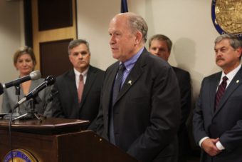 Gov. Bill Walker with (l-r) Jahna Lindemuth, Andy Mack, Michael Johnson and Walt Monegan