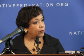 U.S. Attorney General Loretta Lynch spoke to reporters on June 10, 2016, as she rolled out a new Department of Justice focus on Alaska Native issues. (Photo by Rachel Waldholz/APRN)