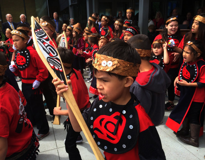 Juneau students in the Tlingit Culture, Language and Literacy program perform before the ribbon cutting of the Father Andrew P. Kashevaroff Library, Archives and Museum Building on June 6, 2016.