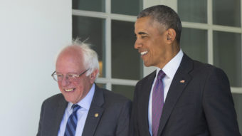 President Obama walks down the Collonade of the White House with Democratic presidential candidate Bernie Sanders ahead of their meeting Thursday morning. Pablo Martinez Monsivais/AP