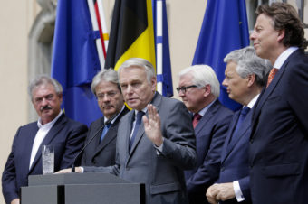 The Foreign Ministers from EU's founding six countries — Jean Asselborn from Luxemburg, Paolo Gentiloni from Italy, Jean-Marc Ayrault from France, Frank-Walter Steinmeier from Germany, Didier Reynders from Belgium and Bert Koenders from the Netherlands (left to right) — brief the media after a meeting on the so-called Brexit in Berlin, Germany on Saturday. Markus Schreiber/AP