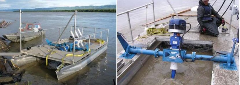 Left, the hydrokinetic turbine tested in Eagle shown laying on the deck of its platform barge and, right, submerged into the Yukon River. (Photos courtesy of New Energy Corp.)