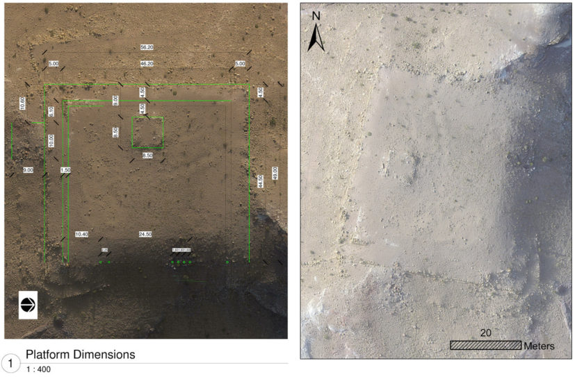 This composite of drone images shows architectural details and measurements (left) and a close-up view of a monumental structure near the center of Petra in Jordan. I. LaBianca/Graphics by J.Blanzy