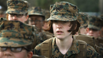 Marine recruit Haley Evans stands in formation during boot camp at Marine Corps Recruit Depot Parris Island, S.C., in 2013. Scott Olson/Getty Images