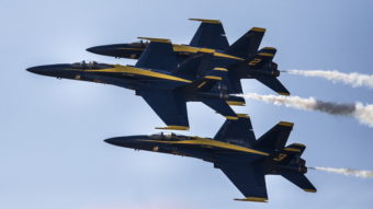 A Navy pilot who flew with the Blue Angels — some of the group's planes are seen here last September — was killed in a crash southwest of Nashville Thursday afternoon. Portland Press Herald/Press Herald via Getty Images