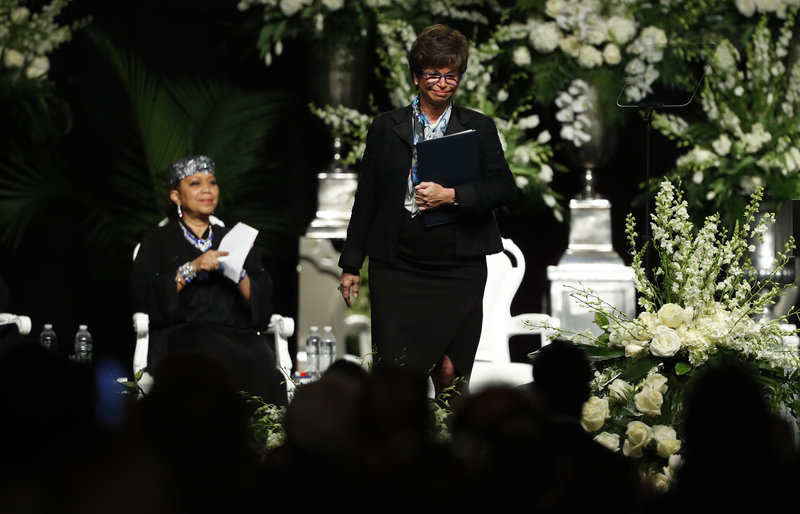 Valerie Jarrett, speaking on behalf of President Obama during the memorial service, noted the love people had for the champ, saying, "You couldn't have made him up — and yes, he was pretty, too." Aaron P. Bernstein/Getty Images