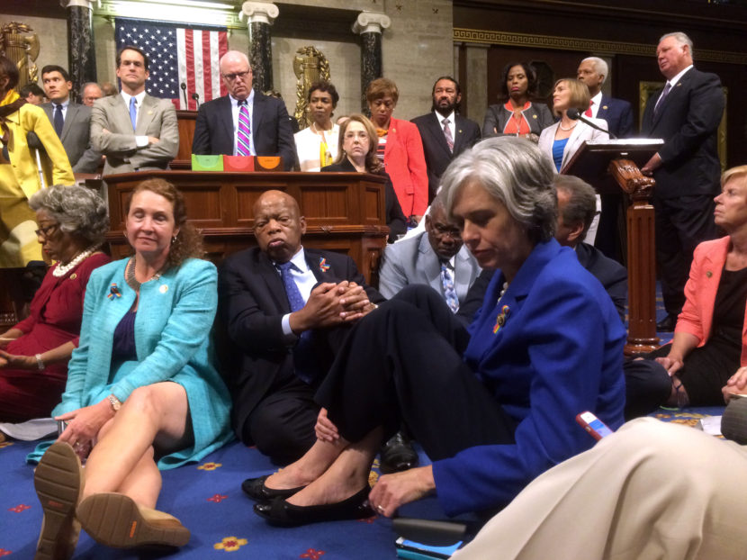 Democratic members of Congress, including Rep. Elizabeth Esty, D-Conn.(seated left), Rep. John Lewis, D-Ga. (center) as they participate in a sit-down protest seeking a vote on gun control measures on Wednesday. Courtesy of Rep. Chellie Pingree