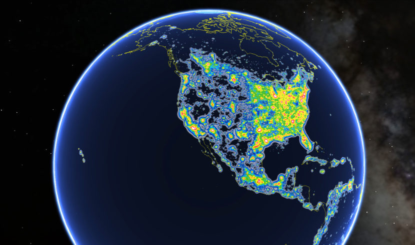 This view of North America as seen in Google Earth shows colored areas that denote levels of light pollution as detailed in the New World Atlas of Artificial Sky Brightness. Fabio Falchi et al./AAAS