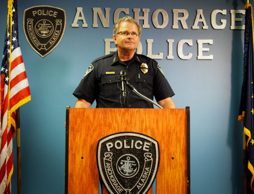 Anchorage Police Chief Chris Tolley addresses reporters at after police officers killed a Home Depot robbery suspect on July 12, 2016. (Photo: Zachariah Hughes/Alaska Public Media)