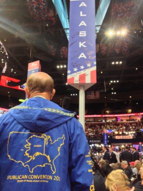 The Alaska delegation wore kuspuks to the floor of the Republican National Convention in Cleveland, July 18, 2016. (Photo by Lawrence Ostrovsky)