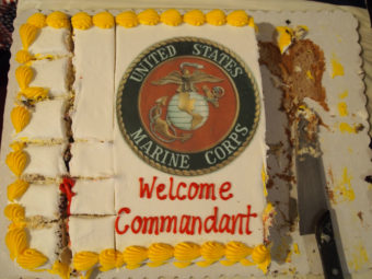 A celebratory cake was set out during the U.S. Marine Corps commandant’s visit to an Anchorage VFW post. (Photo by Ben Matheson/ for Alaska Public Media)