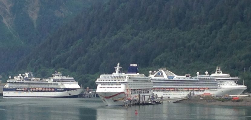 Three cruise ships dock in downtown Juneau on July 14, at the height of the tourist season (Photo by Ed Schoenfeld/ CoastAlaska News)