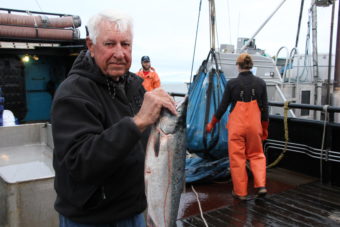 Skipper Howard Knutsen, 86, delivered Bristol Bay’s two billionth salmon to the F/V Lady Helen in Ugashik. One of his salmon made it’s way to the Governor. (Photo by KDLG)