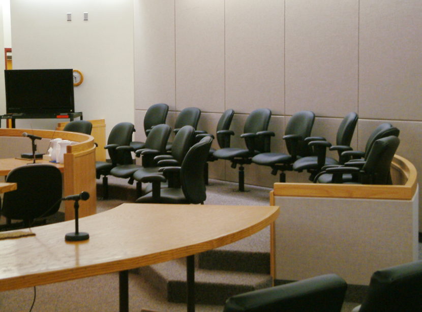View of the jury box in one of the courtrooms in the Dimond Courthouse in Juneau.