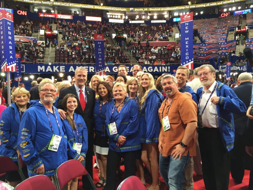 Sen. Dan Sullivan visits with the Alaska delegation after his speech Tuesday, July 19, 2016, to the Republican National Convention. (Photo courtesy Office of Sen. Dan Sullivan)