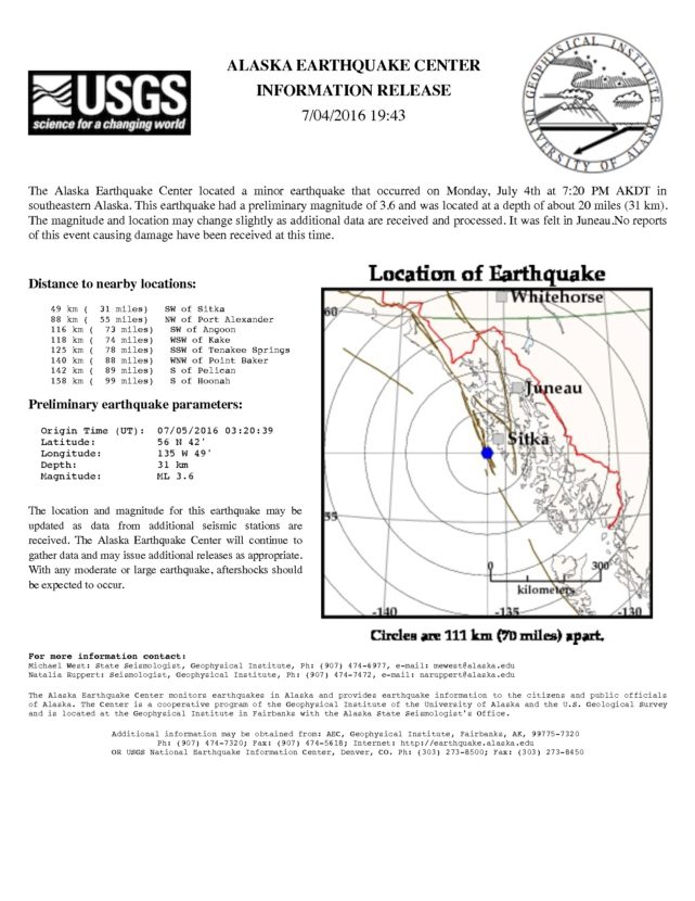 USGS Sitka Earthquake July 5 2016