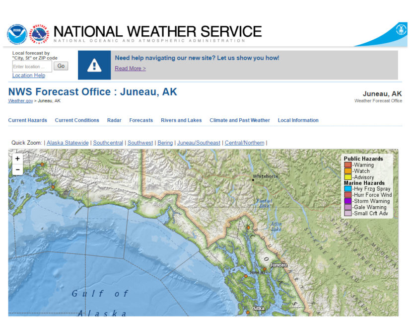 Partial screenshot of new National Weather Service page for the Juneau office.