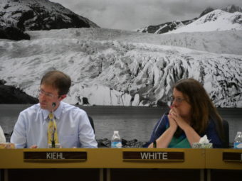 Assembly members Jesse Kiehl and Debbie White listen to the City Attorney Amy Mead. (Photo by Lakeidra Chavis/ KTOO)