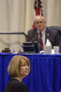 Sens. Anna MacKinnon, R-Eagle River and John Coghill, R-North Pole, chat during the fifth special session of Alaska's Legislature in the last two years on July 11, 2016 in Juneau, Alaska. (Photo by Rashah McChesney/KTOO)