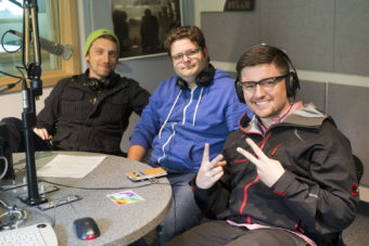 Gabe, Matt and Casey of The Bad Tenants in the KXLL Studio. (Photo by Annie Bartholomew/KTOO)