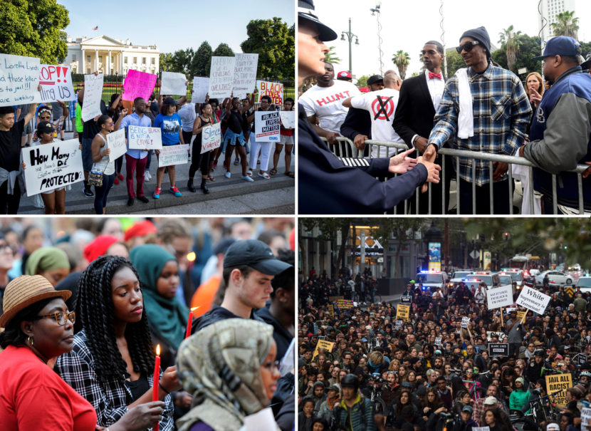 Marchers numbering nearly 1,000 took to the streets in downtown Phoenix, Ariz., to protest against the recent fatal shootings of black men by police. Freeway ramps were closed and pepper spray and tear gas were used. Ross D. Franklin/AP