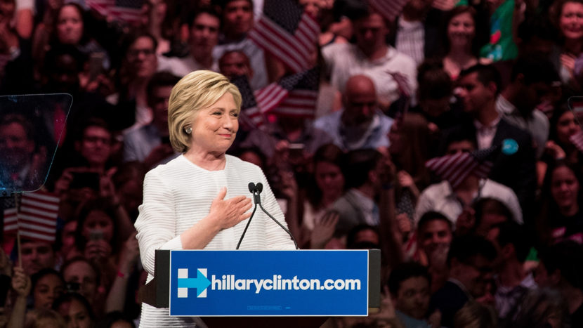 Hillary Clinton, heartened by her supporters' reception, after voting on the June 7th, the night it became clear she would be the first woman nominee of a major-party ticket. (Photo by Drew Angerer/Getty Images)