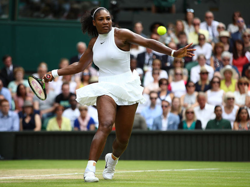 Serena Williams of The United States plays a forehand during The Ladies Singles Final against Angelique Kerber of Germany on day twelve of the Wimbledon Lawn Tennis Championships at the All England Lawn Tennis and Croquet Club on July 9, 2016 in London, England. Clive Brunskill/Getty Images