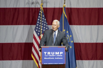 Indiana Gov. Mike Pence delivers a speech during a campaign rally for Donald Trump in Westfield, Ind., on Tuesday. (Photo by Aaron P. Bernstein/Getty Images)