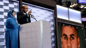 Khizr, whose son was killed in Iraq, speaks directly to Donald Trump at the Democratic National Convention in Philadelphia on July 28. His wife Ghazala Khan stands beside him. Robyn Beck/AFP/Getty Images