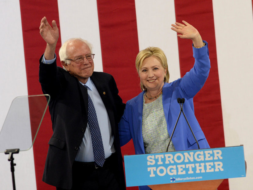 Sen. Bernie Sanders, I-Vt Bernie Sanders and Presumptive Democratic presidential nominee Hillary Clinton appear together at Portsmouth, N.H. High School where Sanders endorsed Clinton for president of the United States. (Photo by Darren McCollester/Getty Images)