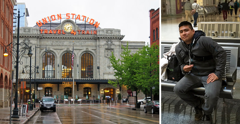 (Left) Union Station in Denver. (Right) Patrick Casica in the bus depot at Denver's Union Station. Casica gave up his more lucrative bartending job to pursue a tech career at Mesa Labs in Denver. (NPR)