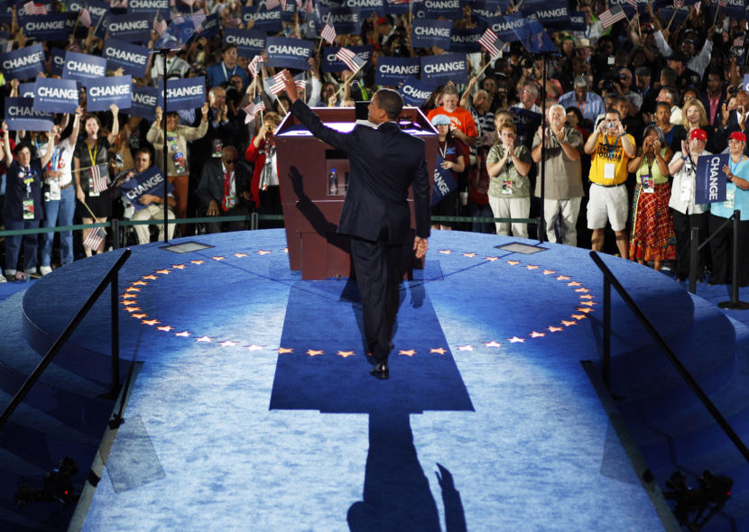 Barack Obama accepts the Democratic presidential nomination at the 2008 Democratic National Convention on Aug. 28, 2008, in Denver. (Photo by Chuck Kennedy/AFP/Getty Images)