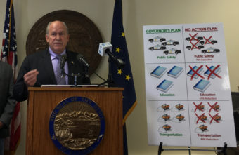 Gov. Bill Walker talks about the potential effects of the Legislature not passing his fiscal plan, in Juneau on July 14, 2016. (Photo by Andrew Kitchenman/KTOO)