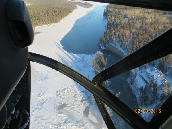 An aerial view showing how ice diverted much of the Tanana River into the small slough at the foot of the ridge on which Gorman built his home. (Photo courtesy of Tom Gorman)