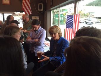 U.S. Senator Lisa Murkowski speaks to Sitkans at a campaign event in Sitka. (Emily Kwong, KCAW)