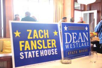 Democrats turned out to support Dean Westlake and Zach Fansler, who are challenging incumbent Reps. Bob Herron of Bethel and Bennie Nageak of Barrow. Photo: Rachel Waldholz/Alaska's Energy Desk