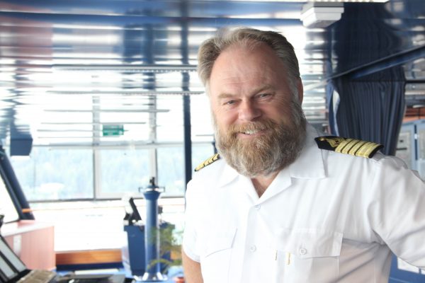 Captain Birger Vorland of the Crystal Serenity has spent 38 years at sea. “Nobody has ever planned a cruise as diligently and as detailed as Crystal Cruises has done for this particular voyage,” he said. Photo: Rachel Waldholz, Alaska’s Energy Desk