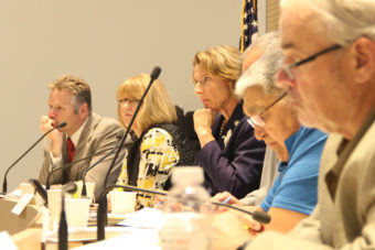 Lawmakers from the House and Senate Natural Resources Committees listened to testimony on Aug. 25, 2016. From left: Sen. Mike Dunleavy, R-Wasilla; Sen. Anna MacKinnon, R-Eagle River; Sen. Cathy Giessel, R-Anchorage; Rep. Dave Talerico, R-Healy; Rep. Benjamin Nageak, D-Barrow; and Rep. Bob Herron, D-Bethel. Photo: Rachel Waldholz, Alaska's Energy Desk