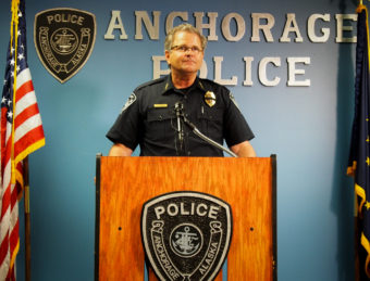 Anchorage Police Chief Chris Tolley addresses reporters during a brief press conference in July of 2016. (Photo by Zachariah Hughes/Alaska Public Media)