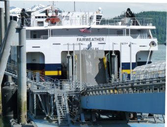 The fast ferry Fairweather docks at Juneau's Auke Bay Ferry Terminal in 2013. (Photo by Ed Schoenfeld/CoastAlaska News)