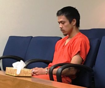Albert Macasaet is seen in Ketchikan District Court during his first-felony appearance Tuesday, Aug. 16. (Leila Kheiry, KRBD)