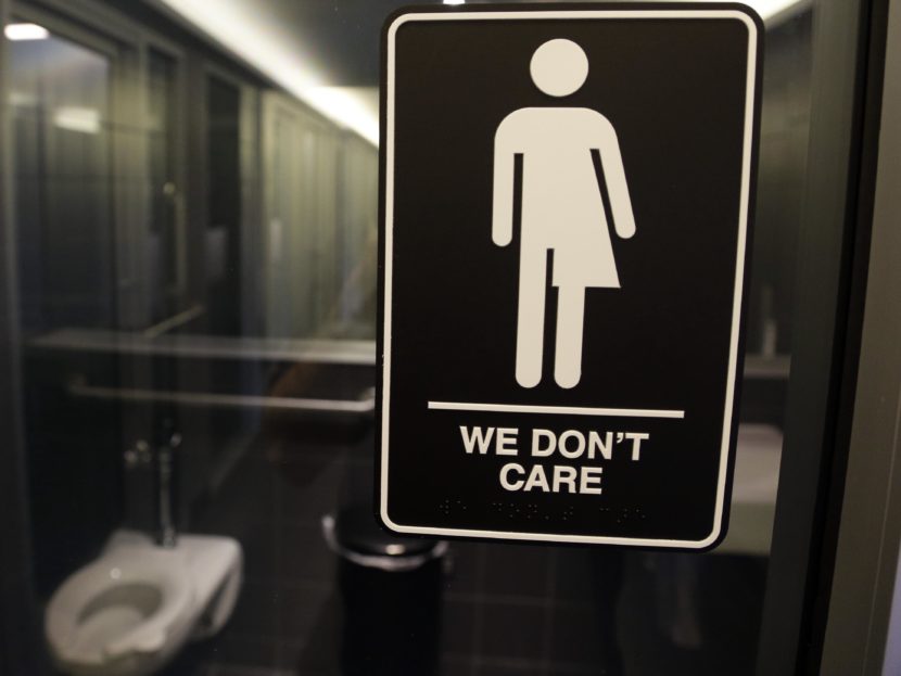 Signage outside a restroom at 21c Museum Hotel in Durham, N.C. A North Carolina law limiting bathroom choice for transgender people is being challenged in a federal court in Raleigh. Gerry Broome/AP