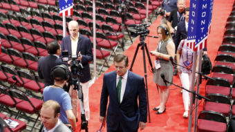 Trump campaign Chairman Paul Manafort walks off the floor of the Republican National Convention last month after talking to reporters. Photo by Carolyn Kaster/Associated Press)