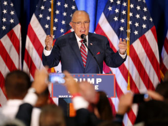 Former New York Mayor Rudy Giuliani speaks before Republican presidential candidate Donald Trump in Youngstown, Ohio, on Monday. (Gerald Herbert, Associated Press)