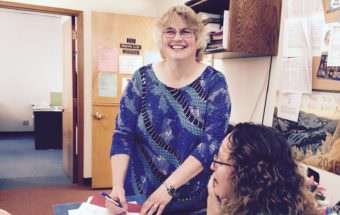 Beth Weldon files her paperwork to run for Juneau Assembly, District 2 at Deputy City Clerk Beth McEwen's desk, Aug. 5, 2016. (Photo courtesy Beth Weldon for Assembly)
