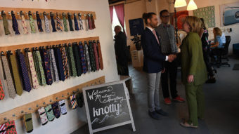 Democratic presidential nominee Hillary Clinton visits the Knotty Tie Company Wednesday in Denver, Colo (Helen H. Richardson, Denver Post via Getty Images)