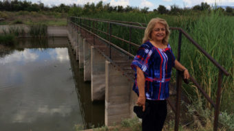 Lupe Dempsey, a retired federal agent, brings her Glock 9mm with her when she goes down to the Rio Grande. She believes the border is too wide open, evidenced by this unguarded metal walkway across the river in far West Texas. (John Burnett, NPR)
